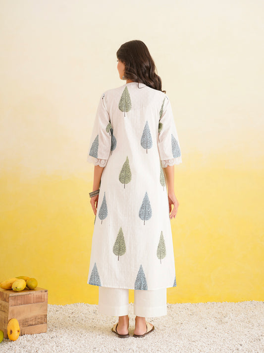 Block Printed A-Line Cotton Kurta Pant Ghazal Set White-Patti