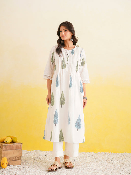Block Printed A-Line Cotton Kurta Pant Ghazal Set White-Patti