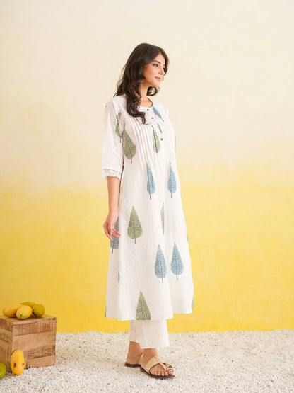 Block Printed A-Line Cotton Kurta Pant Ghazal Set White-Patti