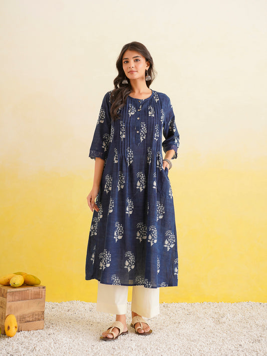 Block Printed A-Line Cotton Kurta Pant Ghazal Set Indigo