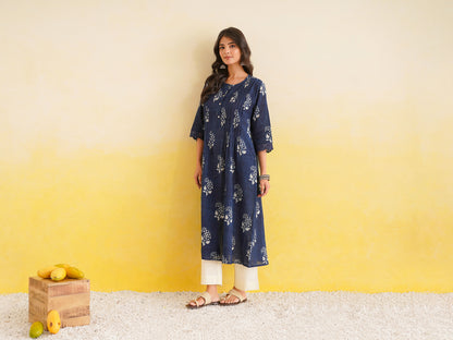 Block Printed A-Line Cotton Kurta Pant Ghazal Set Indigo