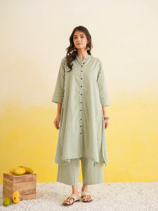 Printed A-Line Cotton Kurta Pant Set Green