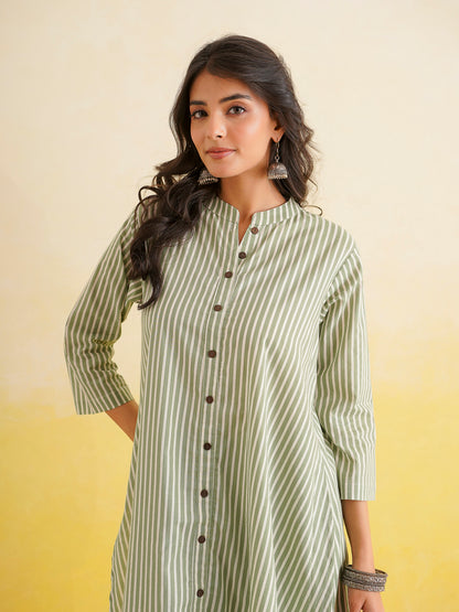 Printed A-Line Cotton Kurta Pant Set Green