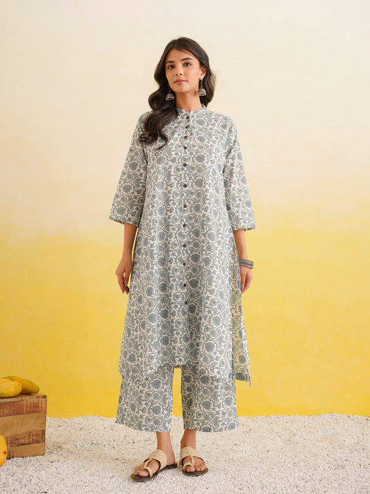 Printed A-Line Cotton Kurta Pant Set Grey