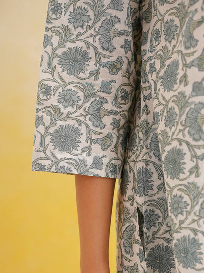 Printed A-Line Cotton Kurta Pant Set Grey