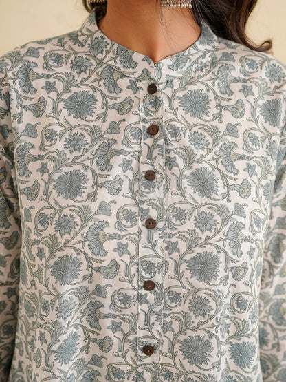 Printed A-Line Cotton Kurta Pant Set Grey