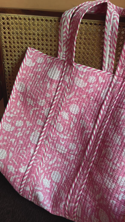 Printed Cotton Quilted Tote Bag Pink